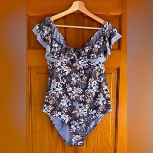Wave Zone One-Piece Purple Lilac Silver Floral Bathing Suit Ruffle 2X